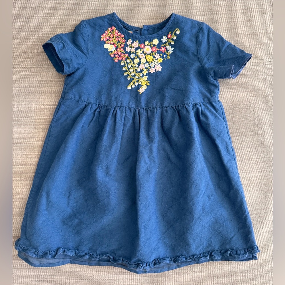 Gucci Blue Kids Dress with Floral Embroidery